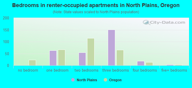 Bedrooms in renter-occupied apartments in North Plains, Oregon