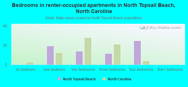 Bedrooms in renter-occupied apartments in North Topsail Beach, North Carolina