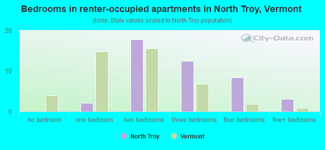 Bedrooms in renter-occupied apartments in North Troy, Vermont