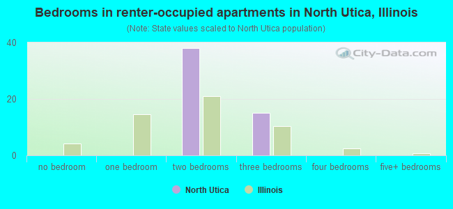 Bedrooms in renter-occupied apartments in North Utica, Illinois