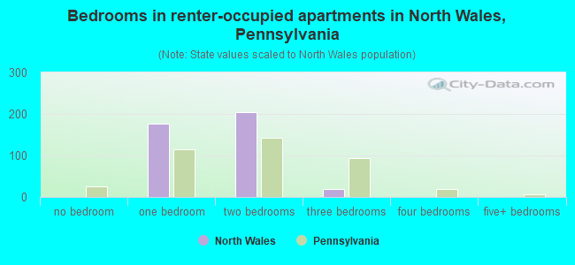 Bedrooms in renter-occupied apartments in North Wales, Pennsylvania