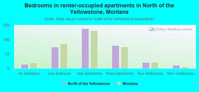 Bedrooms in renter-occupied apartments in North of the Yellowstone, Montana