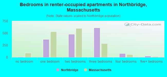 Bedrooms in renter-occupied apartments in Northbridge, Massachusetts