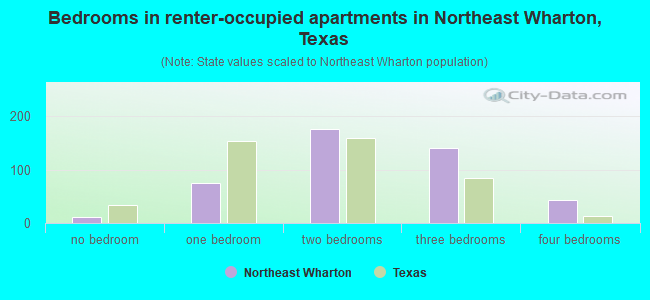 Bedrooms in renter-occupied apartments in Northeast Wharton, Texas