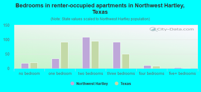 Bedrooms in renter-occupied apartments in Northwest Hartley, Texas
