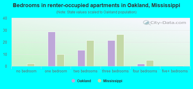 Bedrooms in renter-occupied apartments in Oakland, Mississippi