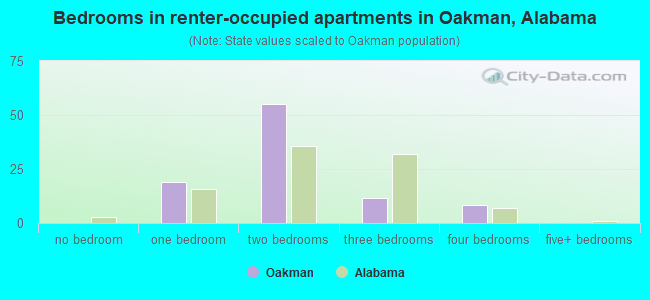 Bedrooms in renter-occupied apartments in Oakman, Alabama