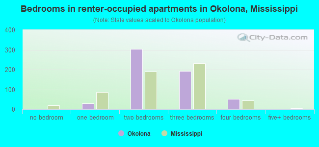 Bedrooms in renter-occupied apartments in Okolona, Mississippi