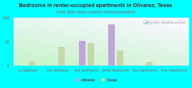 Bedrooms in renter-occupied apartments in Olivarez, Texas
