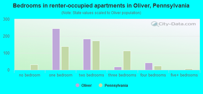 Bedrooms in renter-occupied apartments in Oliver, Pennsylvania