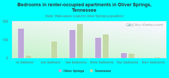 Bedrooms in renter-occupied apartments in Oliver Springs, Tennessee