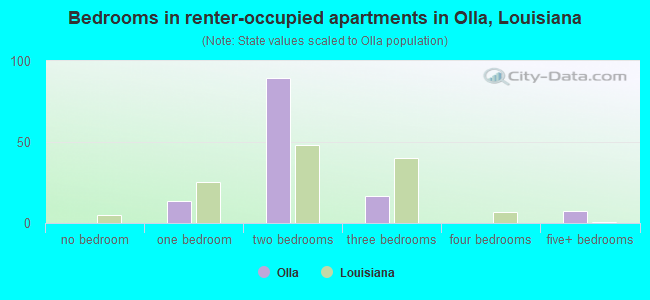 Bedrooms in renter-occupied apartments in Olla, Louisiana