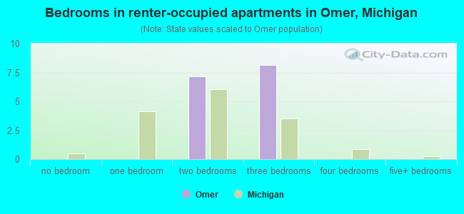 Bedrooms in renter-occupied apartments in Omer, Michigan