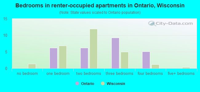 Bedrooms in renter-occupied apartments in Ontario, Wisconsin