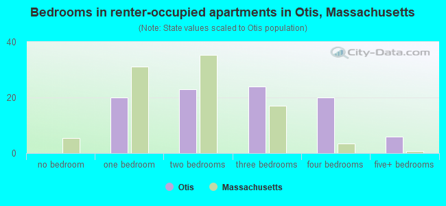 Bedrooms in renter-occupied apartments in Otis, Massachusetts