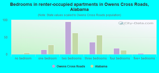 Bedrooms in renter-occupied apartments in Owens Cross Roads, Alabama