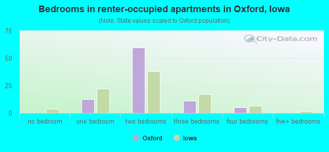 Bedrooms in renter-occupied apartments in Oxford, Iowa