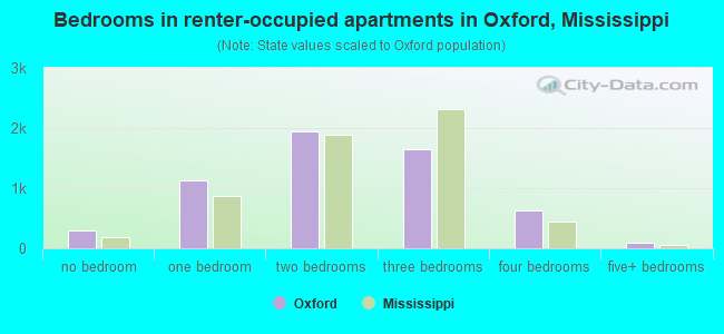 Bedrooms in renter-occupied apartments in Oxford, Mississippi