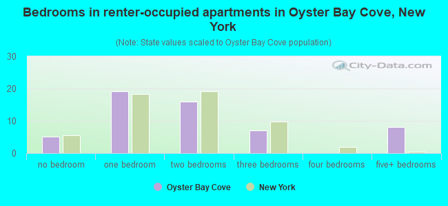 Bedrooms in renter-occupied apartments in Oyster Bay Cove, New York