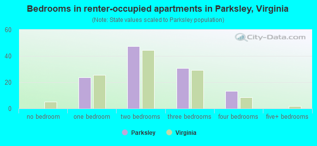 Bedrooms in renter-occupied apartments in Parksley, Virginia