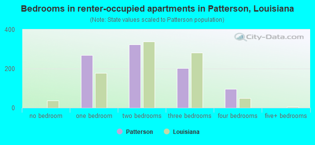 Bedrooms in renter-occupied apartments in Patterson, Louisiana