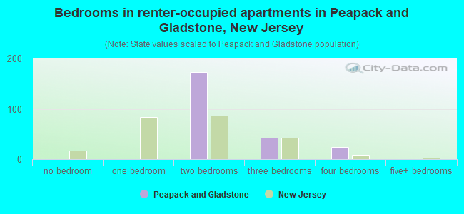Bedrooms in renter-occupied apartments in Peapack and Gladstone, New Jersey