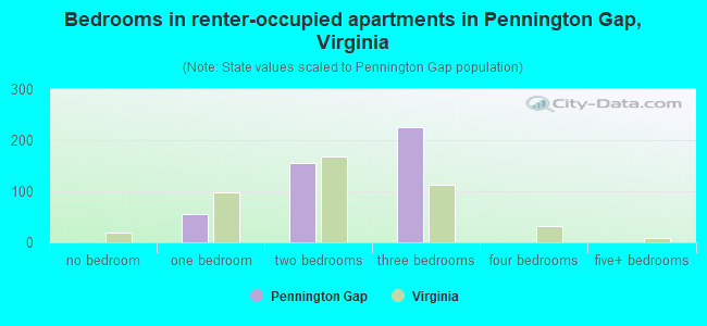 Bedrooms in renter-occupied apartments in Pennington Gap, Virginia