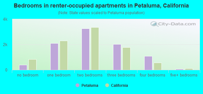 Bedrooms in renter-occupied apartments in Petaluma, California