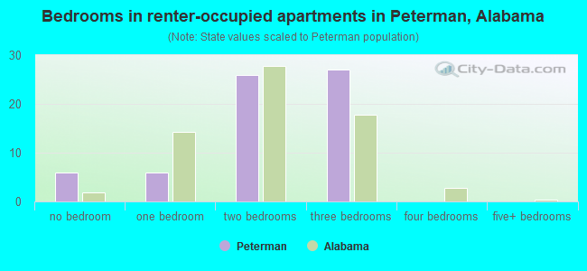 Bedrooms in renter-occupied apartments in Peterman, Alabama