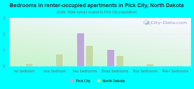 Bedrooms in renter-occupied apartments in Pick City, North Dakota