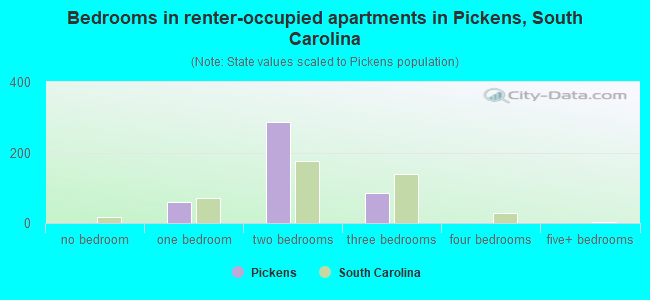 Bedrooms in renter-occupied apartments in Pickens, South Carolina