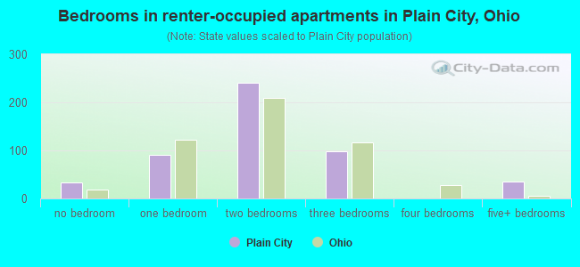 Bedrooms in renter-occupied apartments in Plain City, Ohio