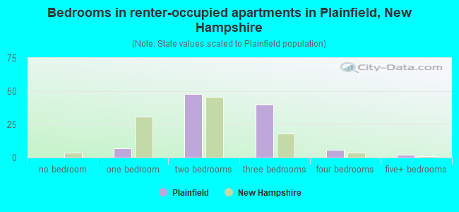 Bedrooms in renter-occupied apartments in Plainfield, New Hampshire