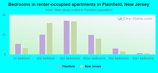 Bedrooms in renter-occupied apartments in Plainfield, New Jersey