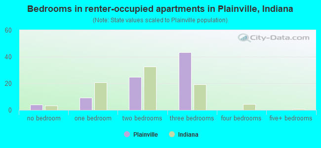 Bedrooms in renter-occupied apartments in Plainville, Indiana