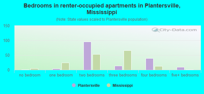 Bedrooms in renter-occupied apartments in Plantersville, Mississippi