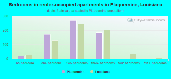 Bedrooms in renter-occupied apartments in Plaquemine, Louisiana