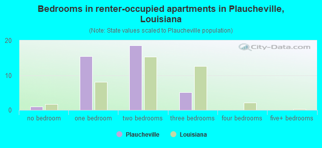 Bedrooms in renter-occupied apartments in Plaucheville, Louisiana