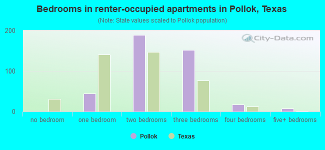 Bedrooms in renter-occupied apartments in Pollok, Texas