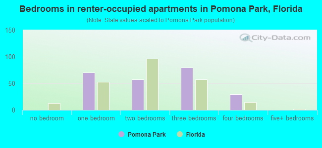 Bedrooms in renter-occupied apartments in Pomona Park, Florida