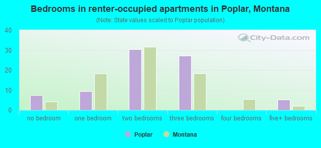 Bedrooms in renter-occupied apartments in Poplar, Montana