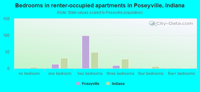 Bedrooms in renter-occupied apartments in Poseyville, Indiana