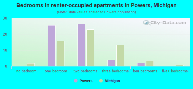 Bedrooms in renter-occupied apartments in Powers, Michigan