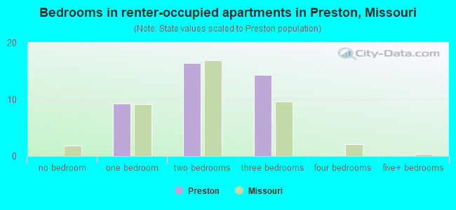 Bedrooms in renter-occupied apartments in Preston, Missouri