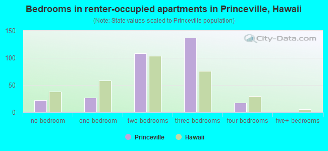 Bedrooms in renter-occupied apartments in Princeville, Hawaii