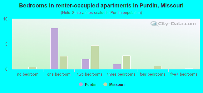 Bedrooms in renter-occupied apartments in Purdin, Missouri