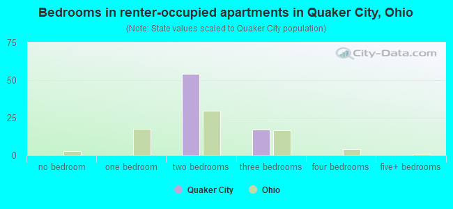 Bedrooms in renter-occupied apartments in Quaker City, Ohio