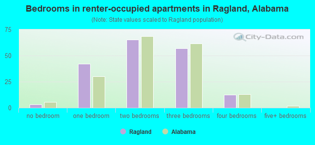 Bedrooms in renter-occupied apartments in Ragland, Alabama