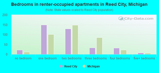 Bedrooms in renter-occupied apartments in Reed City, Michigan