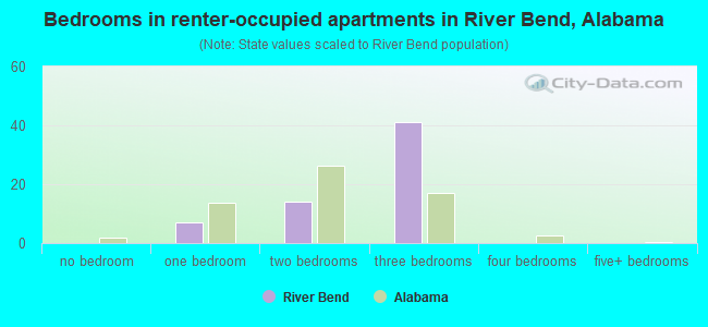 Bedrooms in renter-occupied apartments in River Bend, Alabama